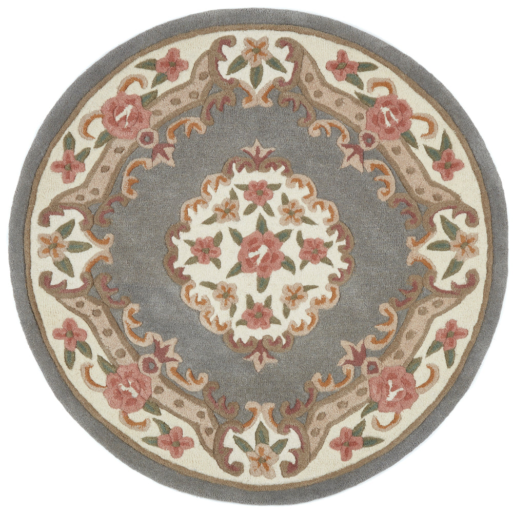 Shensi Aubusson Grey Rug made from 100% wool, featuring an ornate design. 