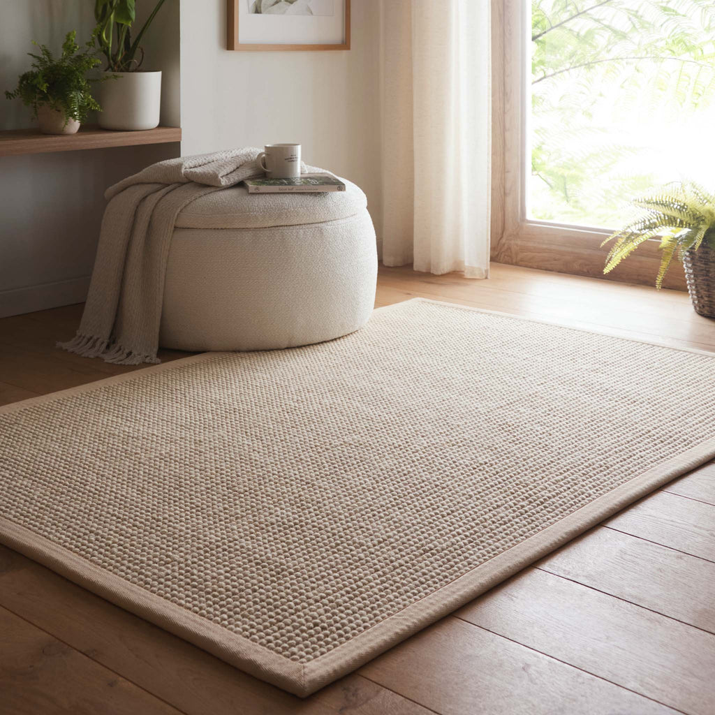 Sisal Boucle Beige Rug- a jute wool blend rug with a beige border. 