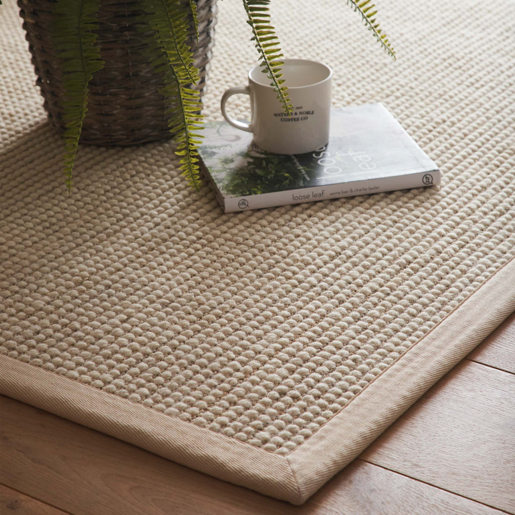 Sisal Boucle Beige Rug- a jute wool blend rug with a beige border. 
