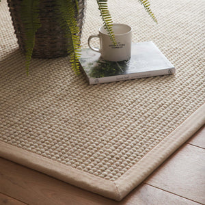 Sisal Boucle Beige Rug- a jute wool blend rug with a beige border. 