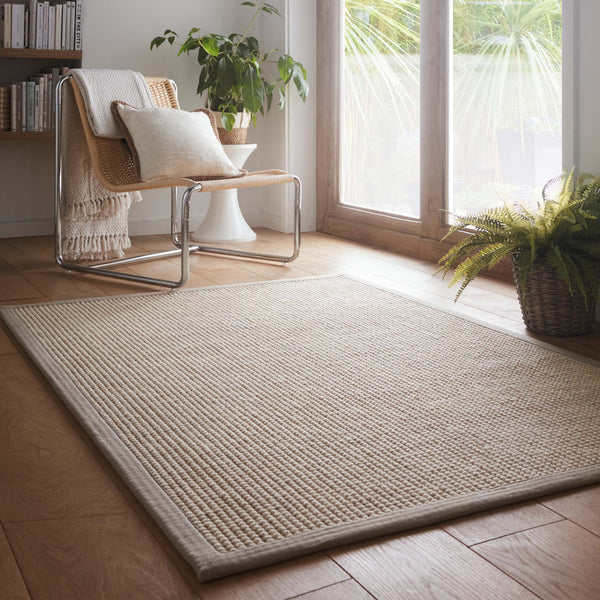 Sisal Boucle Grey Rug- a jute wool blend rug with a grey border. 