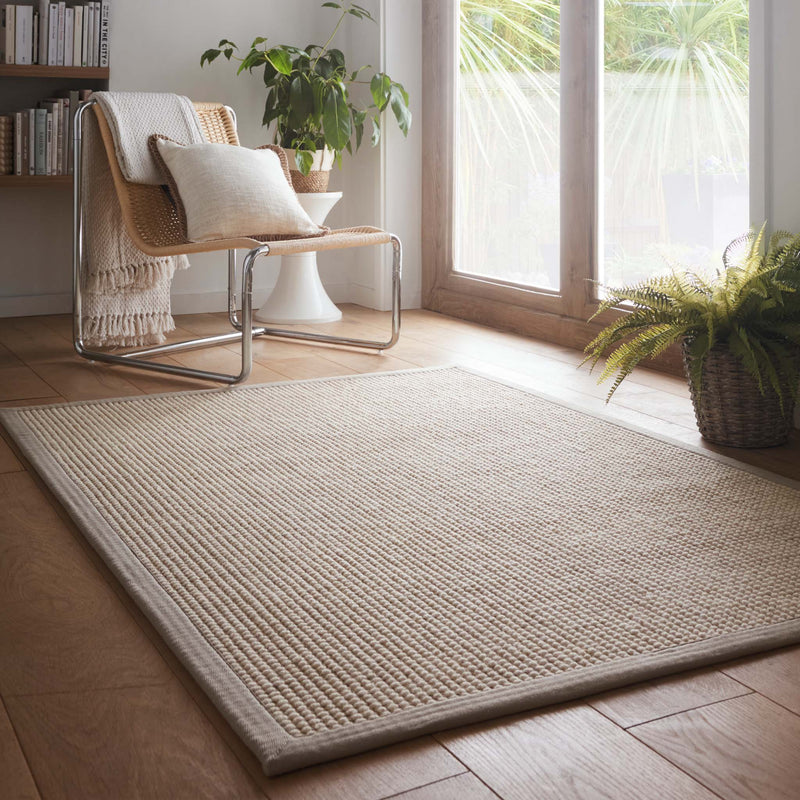 Sisal Boucle Grey Rug made from 100% wool with a solid grey border. 
