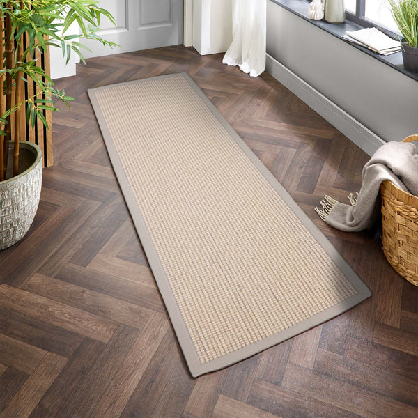 Sisal Boucle Grey Runner- a jute wool blend runner with a grey border. 