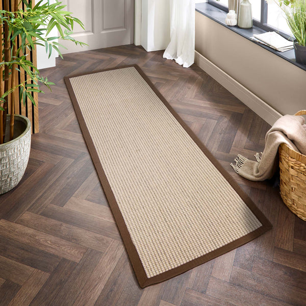 Sisal Boucle Mocha Runner- a jute wool blend runner with a mocha border. 