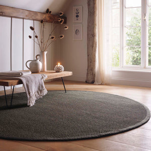 Sisal Grey with Dark Grey Border Circle Rug made from 100% sisal in a solid grey. 