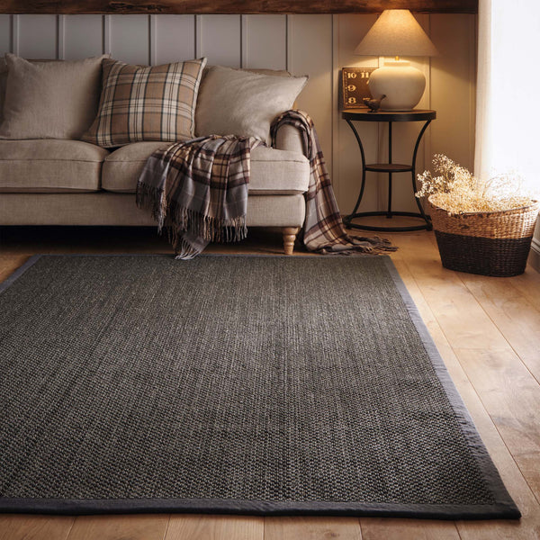Sisal Grey with Dark Grey Border Rug made from 100% sisal in a solid grey. 