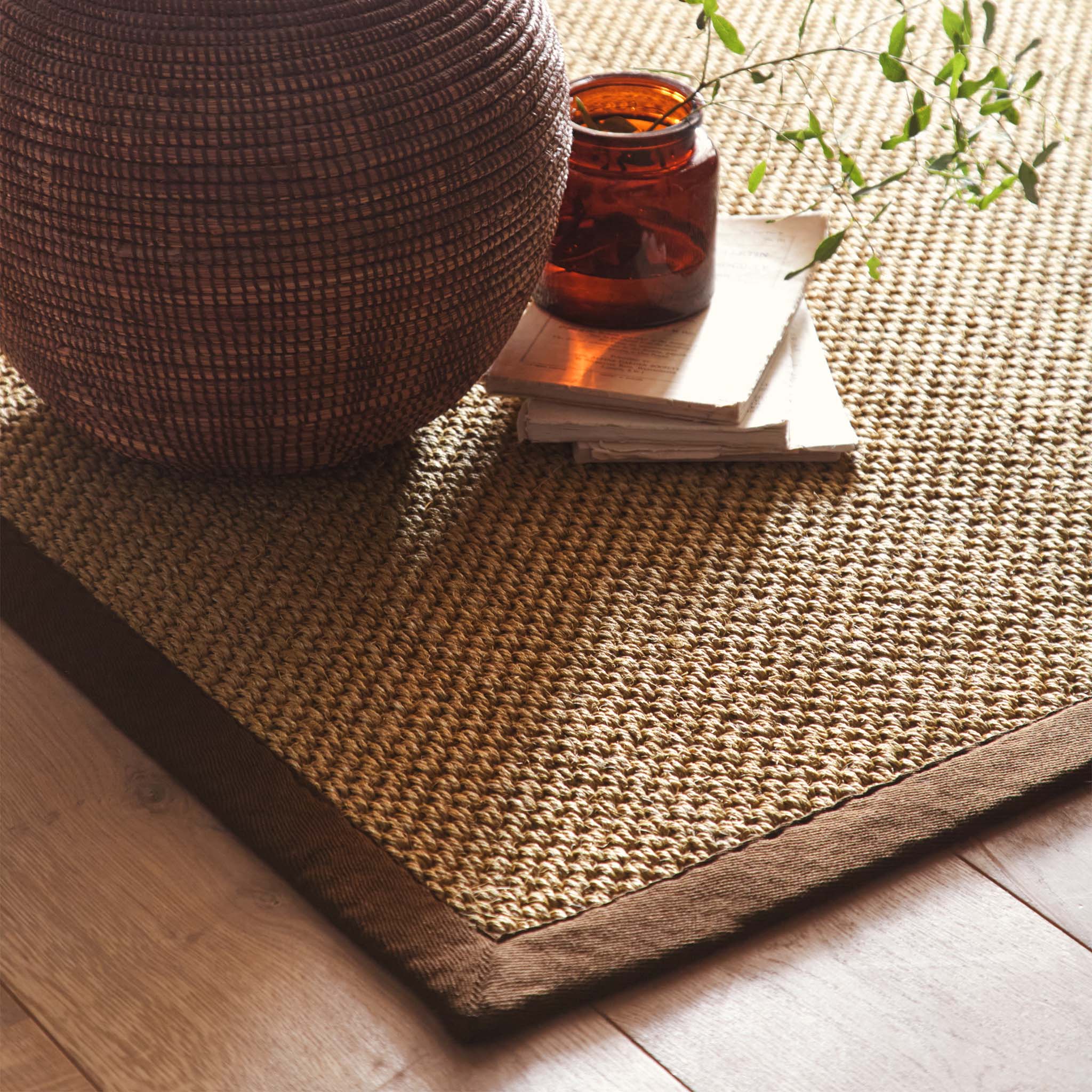 Close-up of Sisal Natural with Dark Brown Border Rug, styled on wooden flooring.
