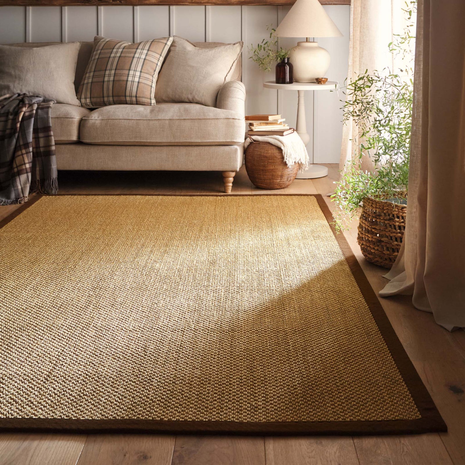 Sisal Natural with Dark Brown Border Rug, styled in a living room.