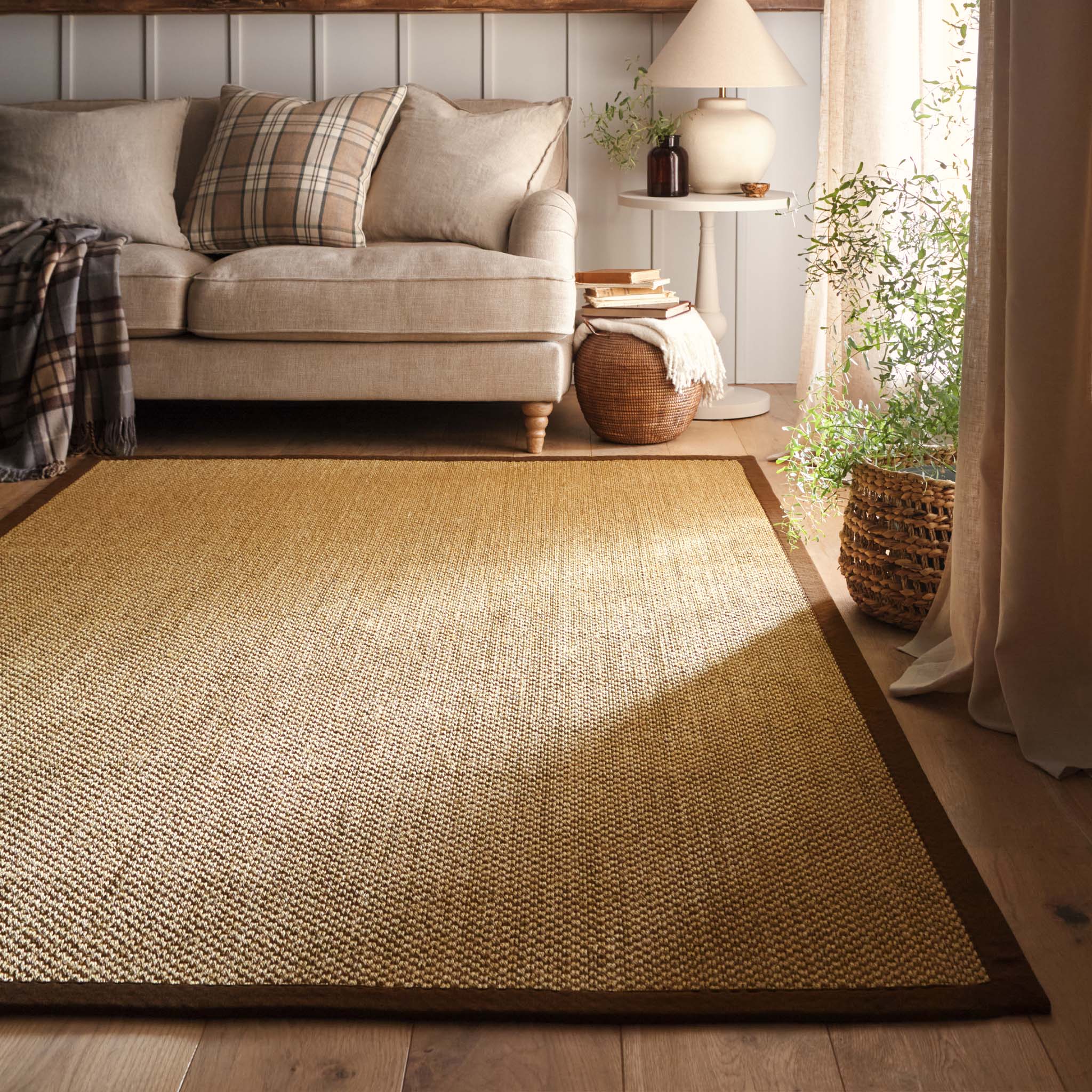 Sisal Natural with Dark Brown Border Rug, styled in a living room.
