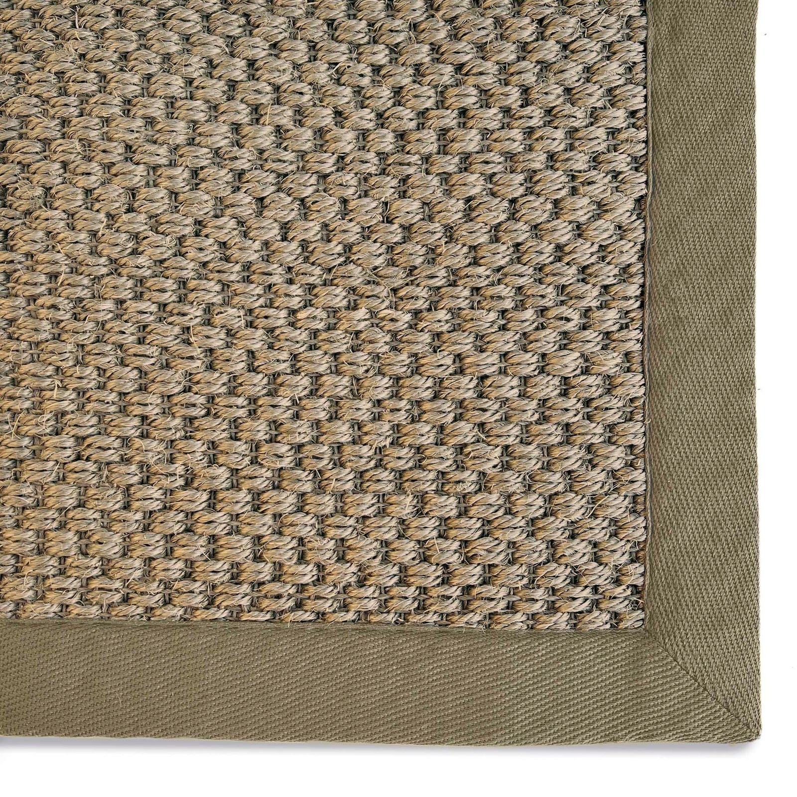 Close-up of Sisal Green with Sage Green Border Runner showing pile height, green border, and a textured centre. 