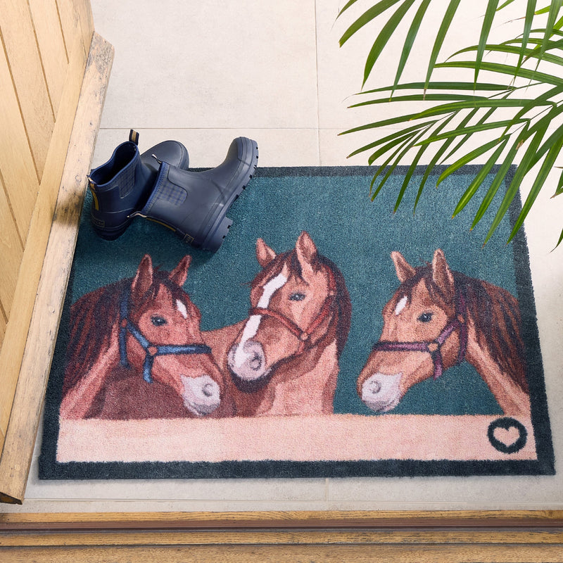 Stable Horses Washable Doormat made from 100% recycled cotton, featuring stable horses. 