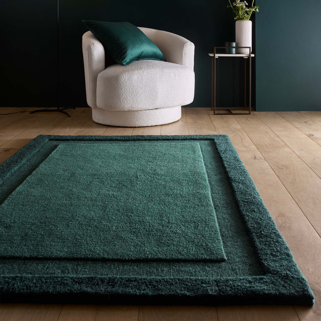Simple Dark Green Rug Stacked Borders Dark Green Rug | Soft & Carved Wool Rugs | Hug Rug