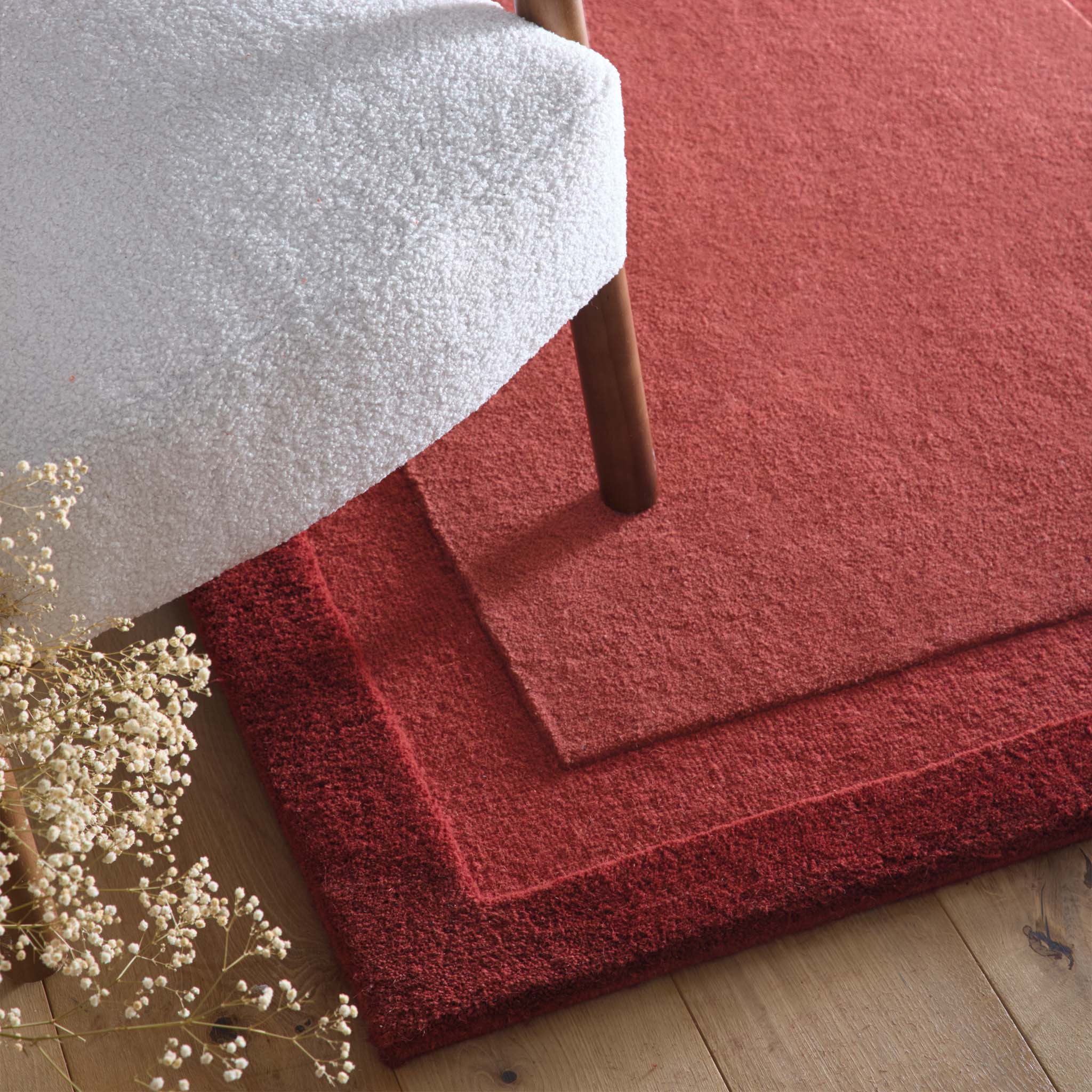 Stacked Borders Wine Red Rug- 100% wool rug with two shades of red. 