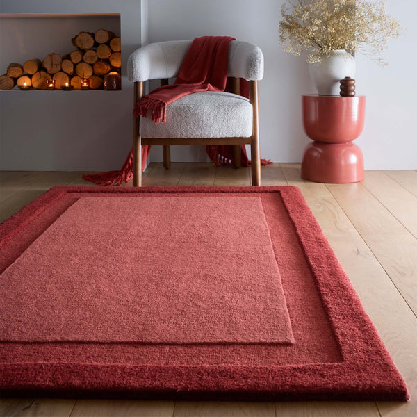 Stacked Borders Wine Red Rug- 100% wool rug with two shades of red. 