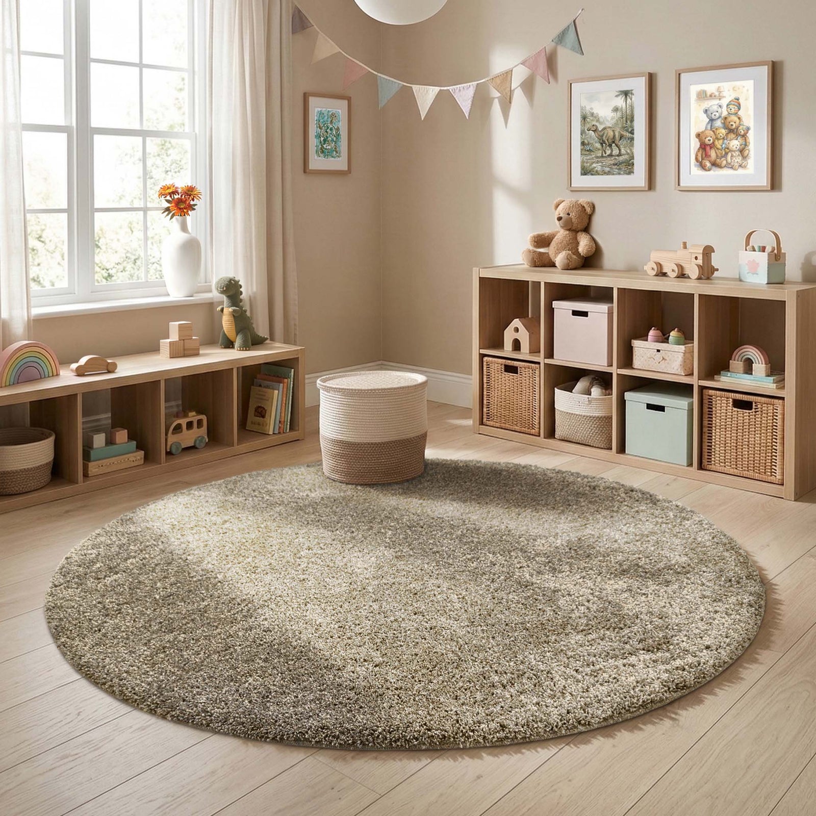 My Rug Stone Light Brown shaggy rug styled in a nursery room. 
