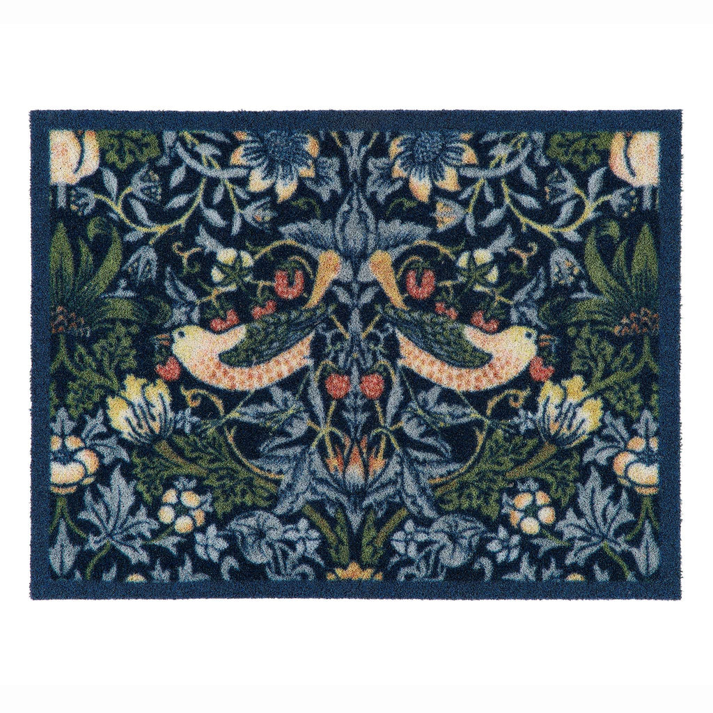 A square outdoor doormat featuring a classic William Morris-style botanical pattern with two birds, flowers, and leaves in navy blue, green, cream, and rust red.
