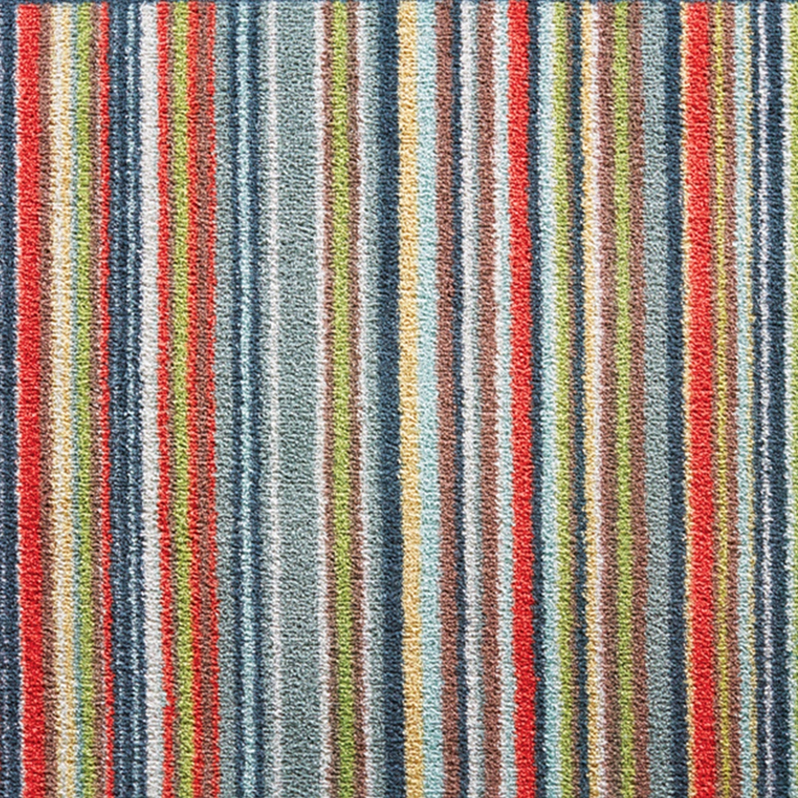 Stripe 32 Multi Washable Runner- a 100% recycled cotton runner featuring vertical stripes in light green, white, blue, navy, red, grey, and cream.