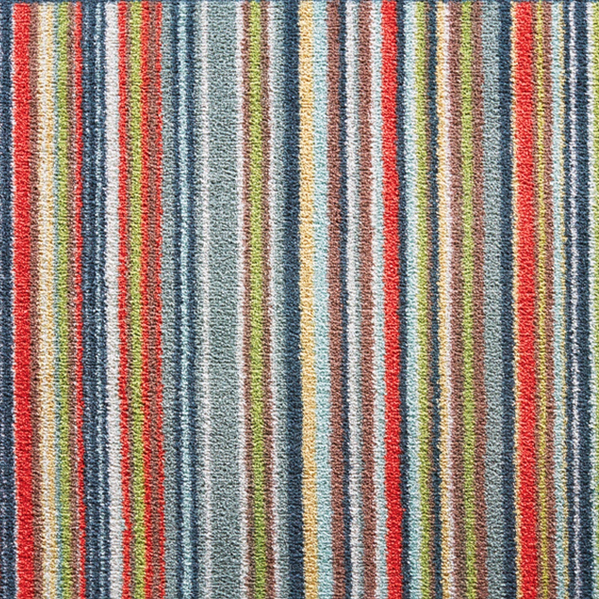 Stripe 32 Multi Washable Runner- a 100% recycled cotton runner featuring vertical stripes in light green, white, blue, navy, red, grey, and cream.