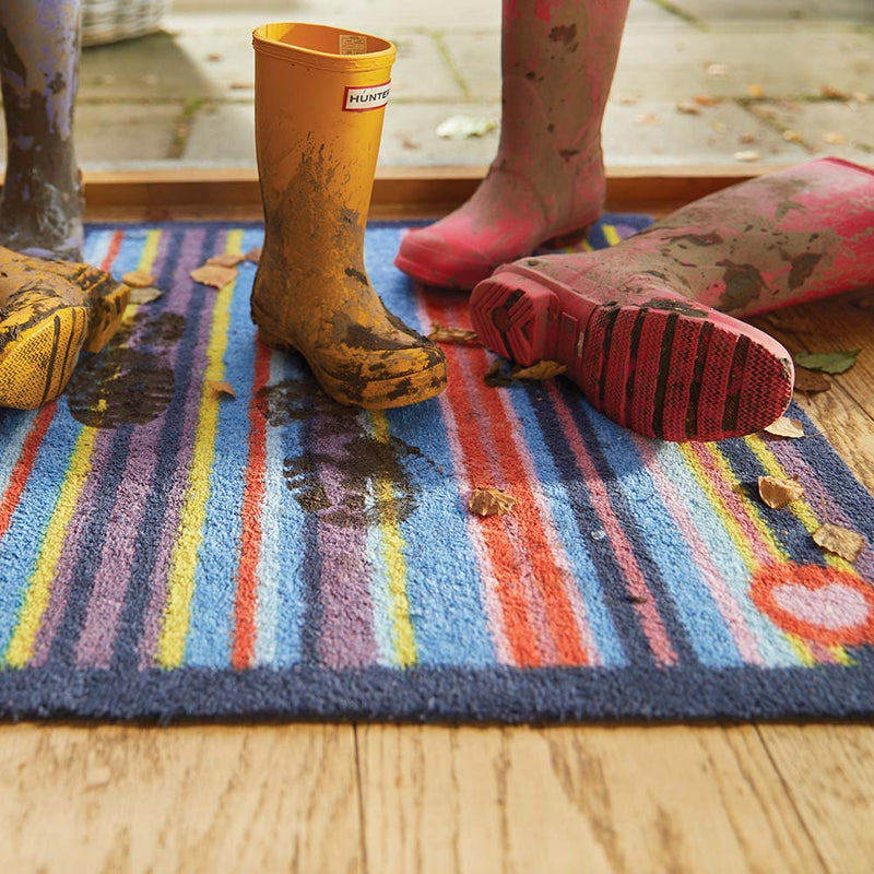 Stripe 85 Multi Washable Doormat made from 100% recycled cotton, featuring a bright striped design. 