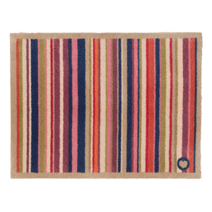 Sunset Stripe Washable Doormat- a wool washable doormat featuring a cheerful mix of stripes in pink, green, white , orange ,blue and purple. 