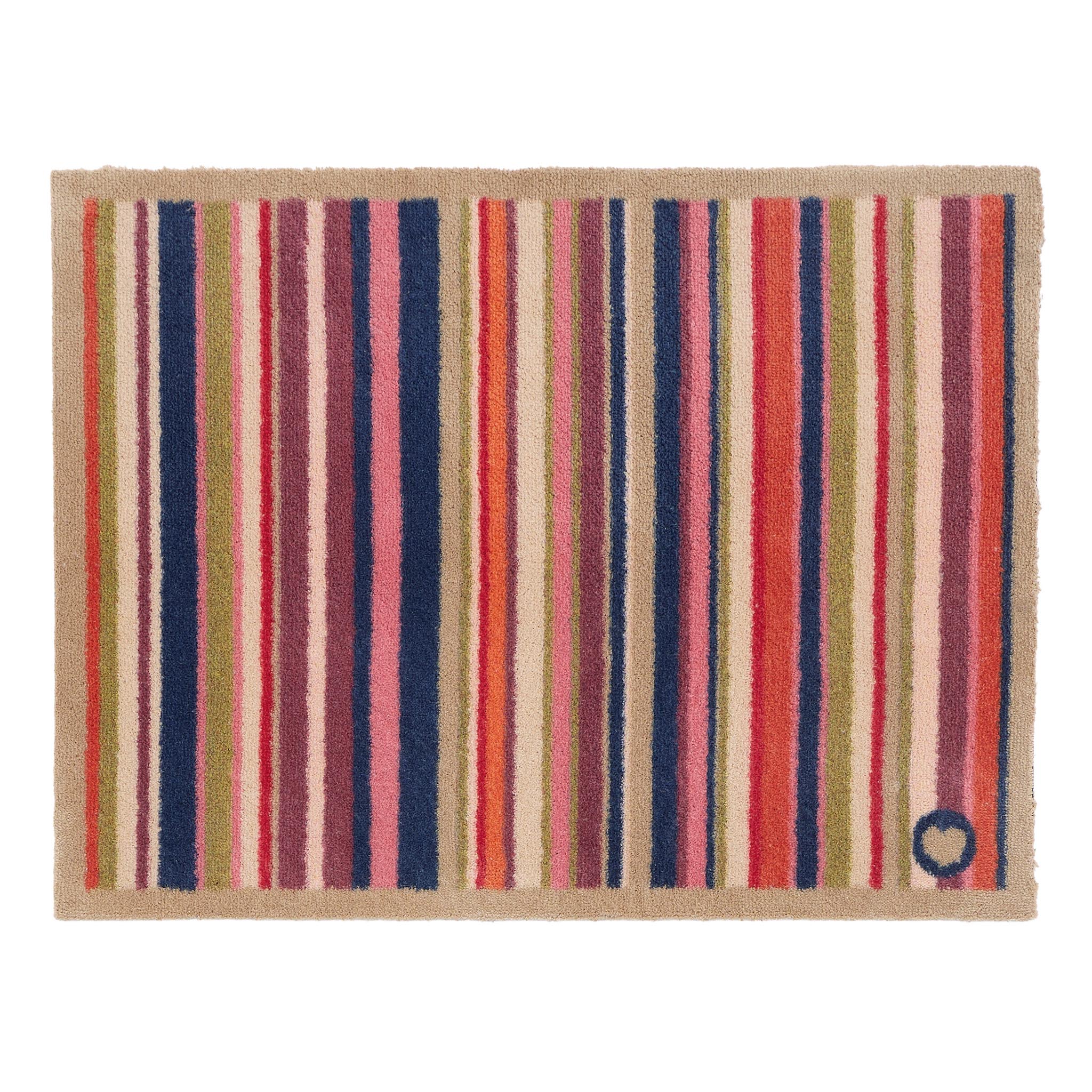 Sunset Stripe Washable Doormat- a wool washable doormat featuring a cheerful mix of stripes in pink, green, white , orange ,blue and purple. 