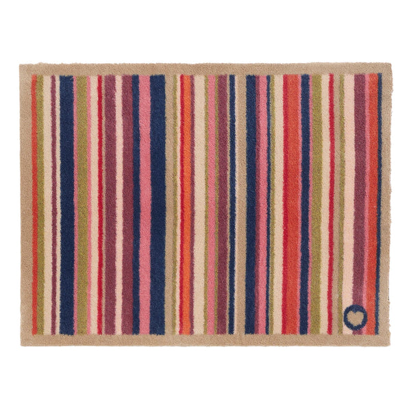 Sunset Stripe Washable Doormat- a wool washable doormat featuring a cheerful mix of stripes in pink, green, white , orange ,blue and purple. 