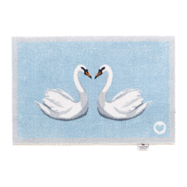 Swan 1 Bath Mat made from 100% recycled materials, featuring two white swans. 