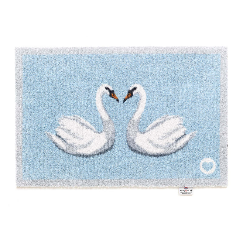 Swan 1 Bath Mat made from 100% recycled materials, featuring two white swans. 