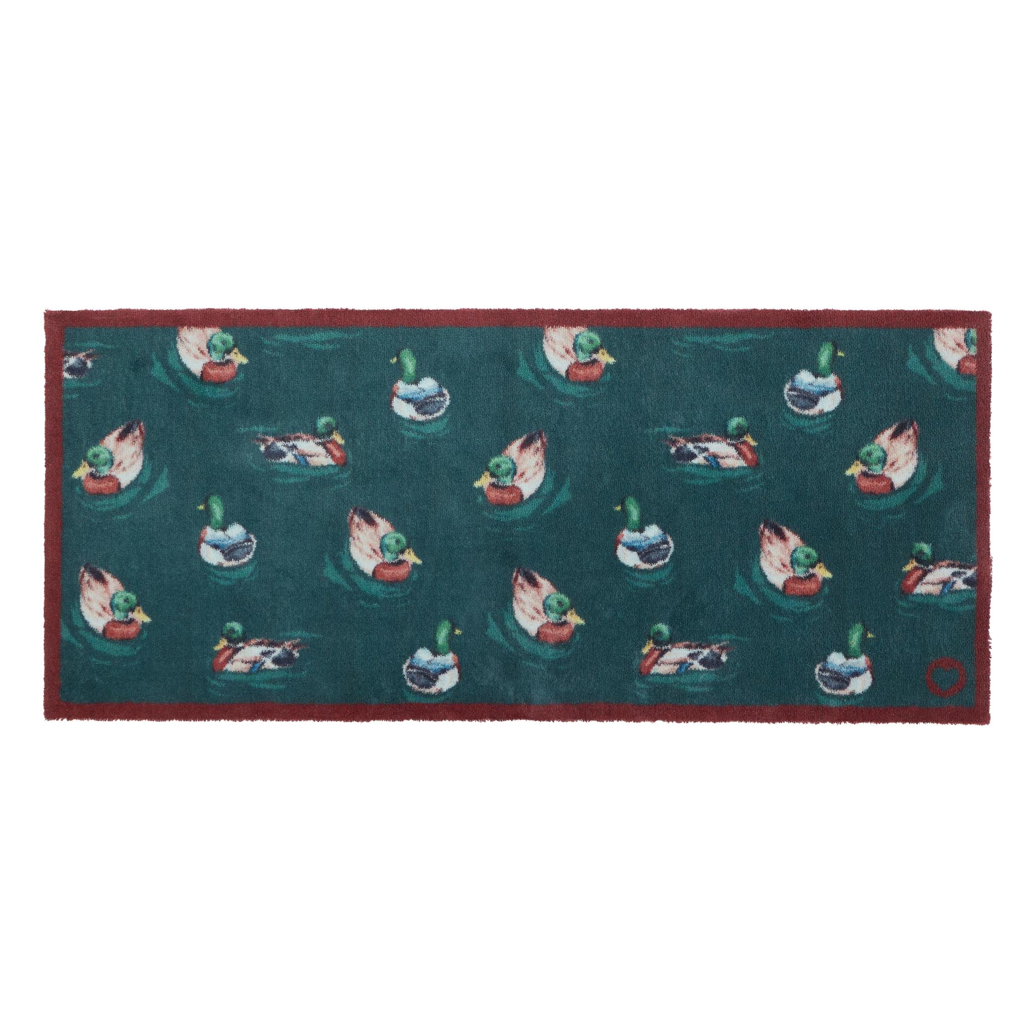 Swimming Ducks Teal Doormat – a teal cotton doormat featuring three swimming ducks.