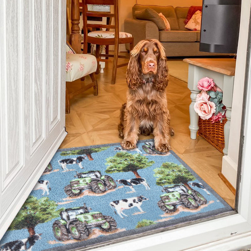 Farmyard Tractors & Cows Blue Doormat 2
