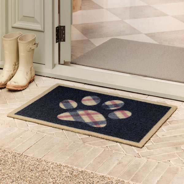 Tartan Paw Outdoor Doormat- 100% recycled nylon doormat featuring a tartan paw print. 