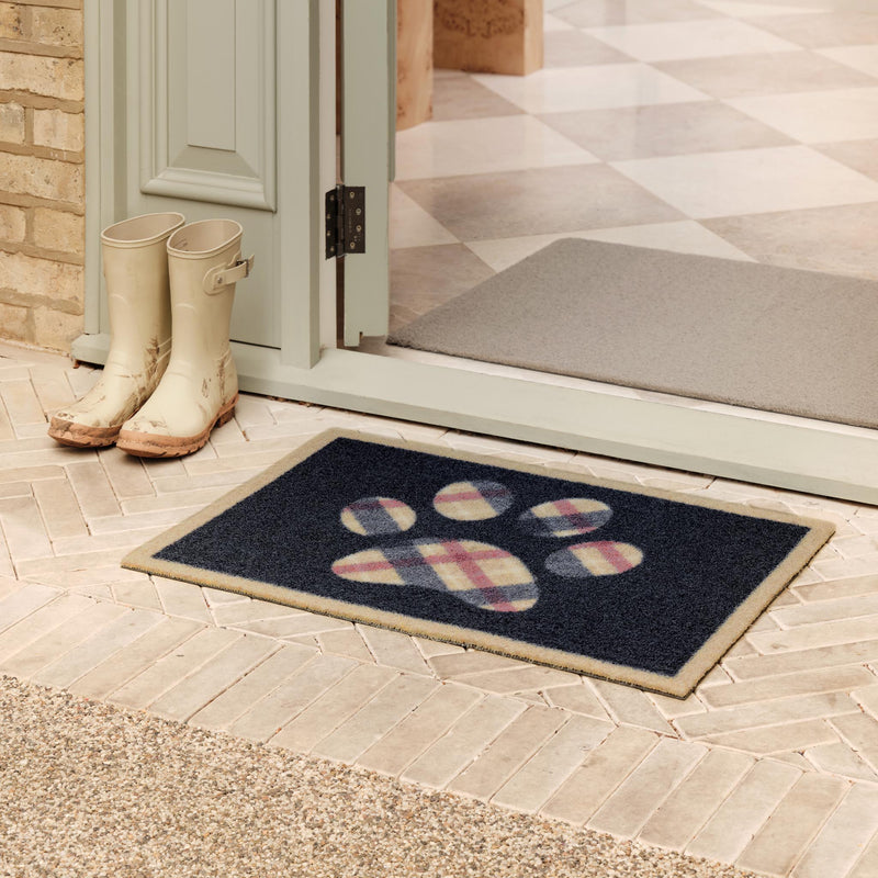 Tartan Paw Outdoor Doormat- 100% recycled nylon doormat featuring a tartan paw print. 