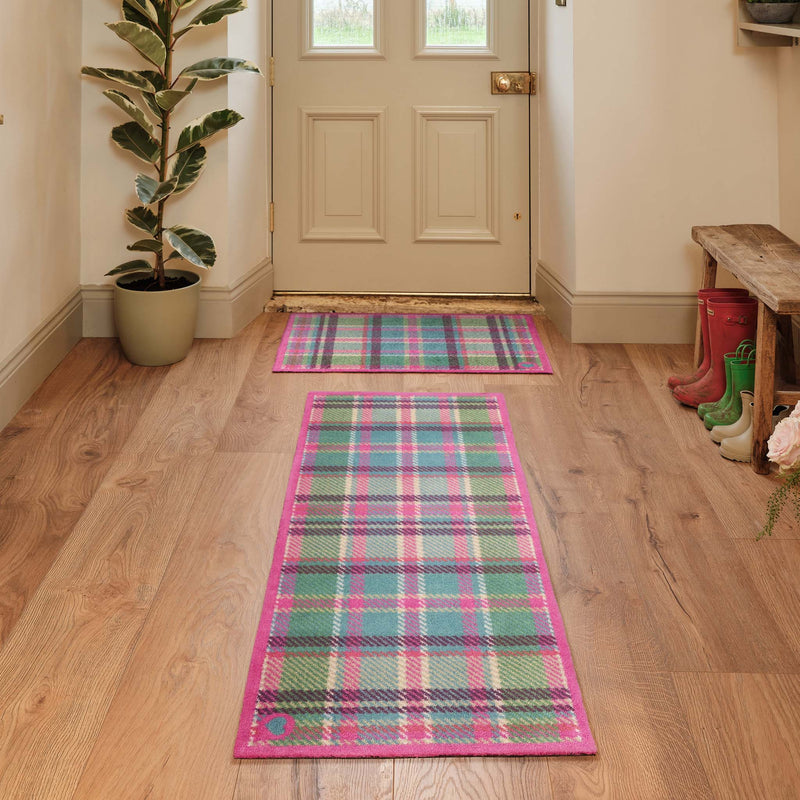 Tartan Pink/Green Washable Doormat- 100% recycled cotton doormat featuring a pink and green tartan design.