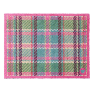 Tartan Pink/Green Washable Doormat- 100% recycled cotton doormat featuring a pink and green tartan design.