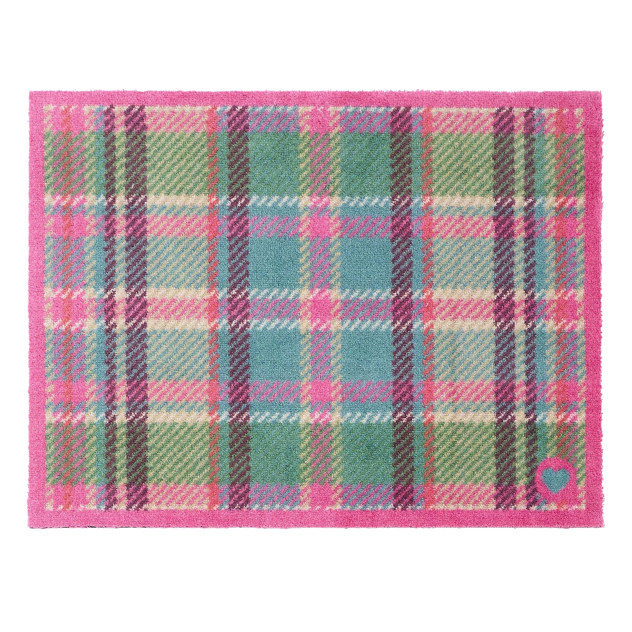 Tartan Pink/Green Washable Doormat- 100% recycled cotton doormat featuring a pink and green tartan design.
