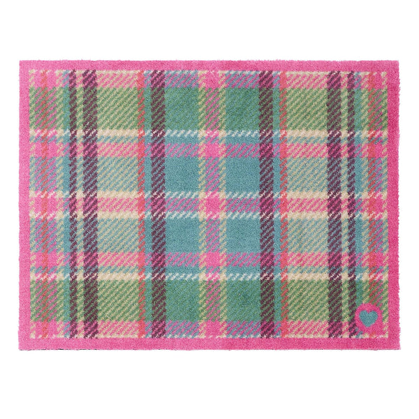 Tartan Pink/Green Washable Doormat- 100% recycled cotton doormat featuring a pink and green tartan design.