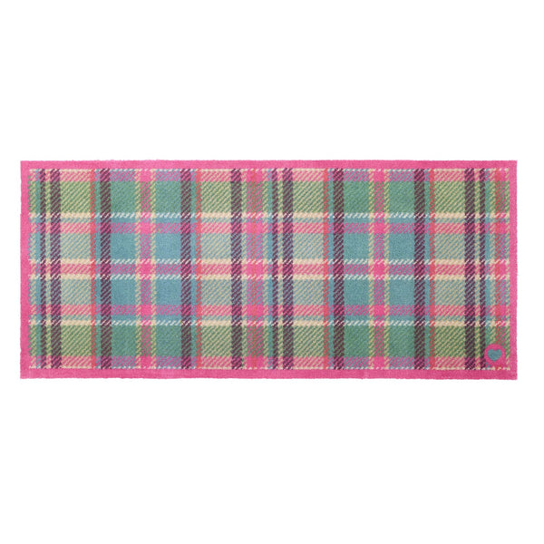 Tartan Pink/Green Washable Runner- 100% recycled cotton runner featuring a pink and green tartan design.