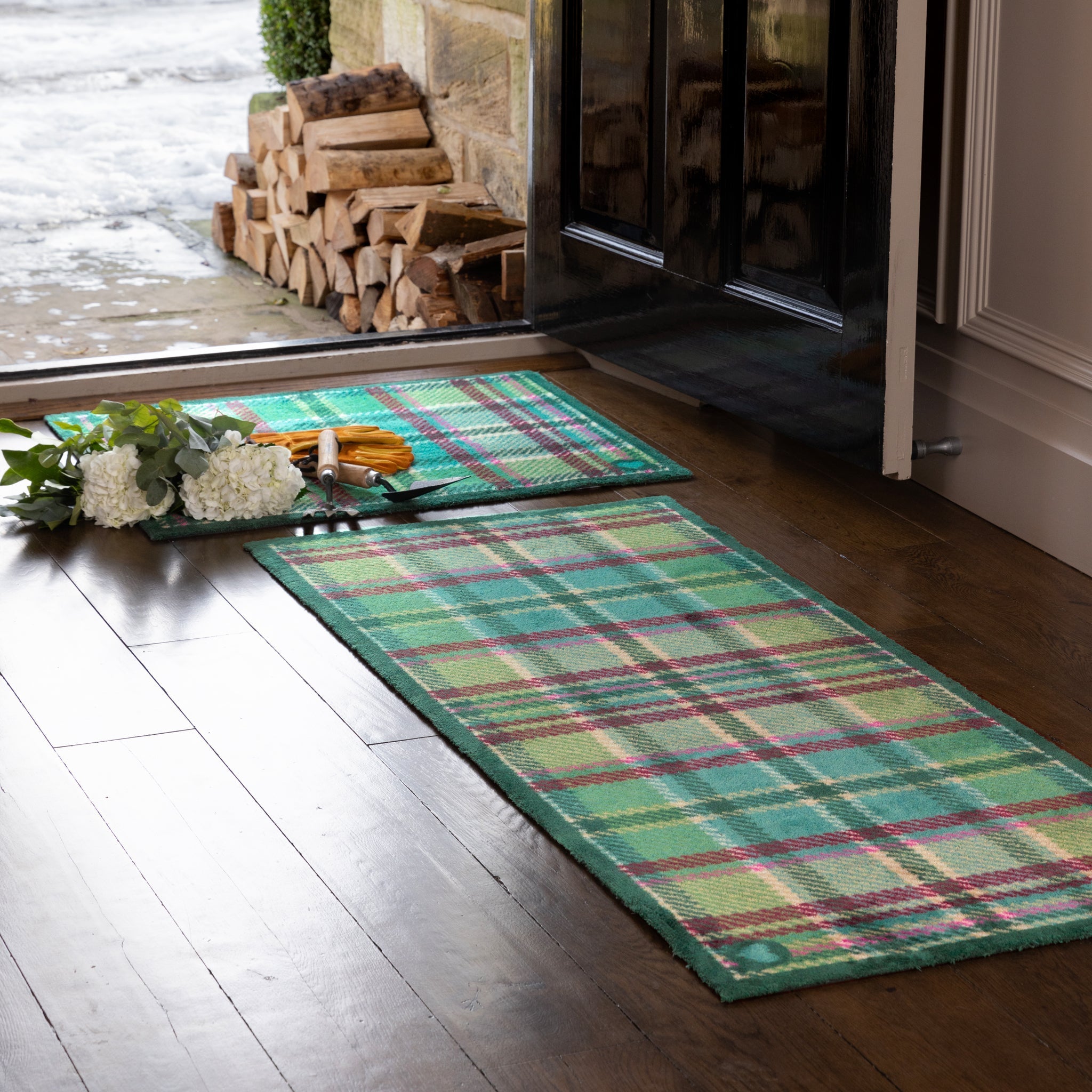Tartan Green Washable Runner in Green- a 100% recycled cotton runner featuring a traditional tartan design in green.