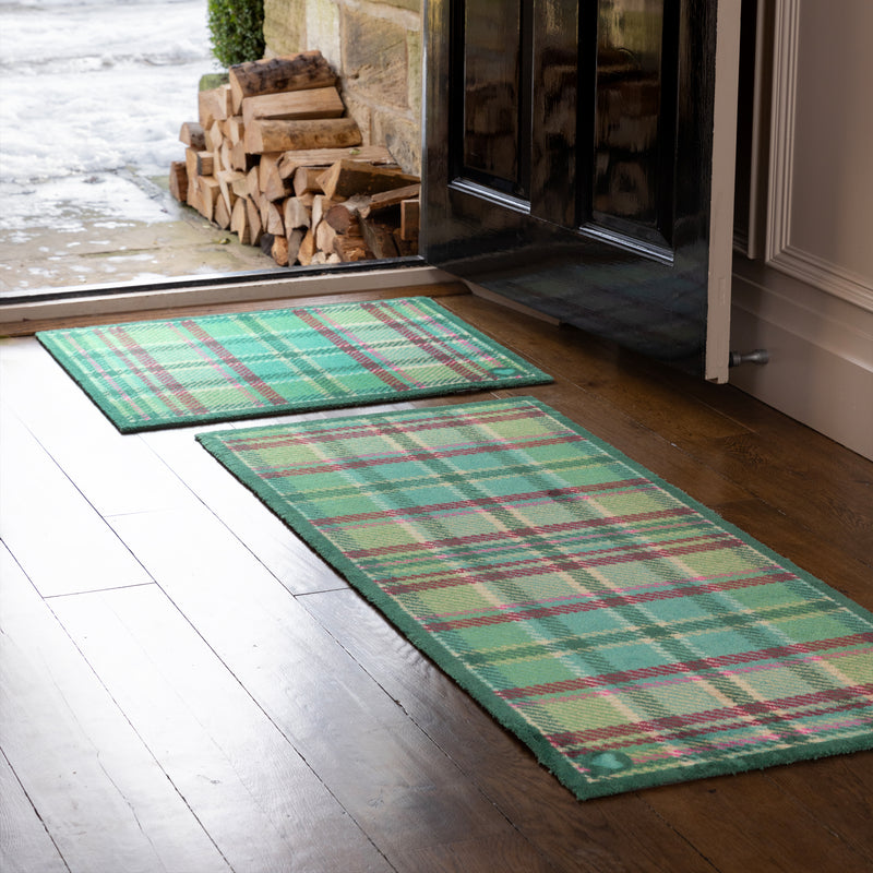 Tartan Green Washable Doormat made from 100% recycled cotton, featuring a green plaid design.