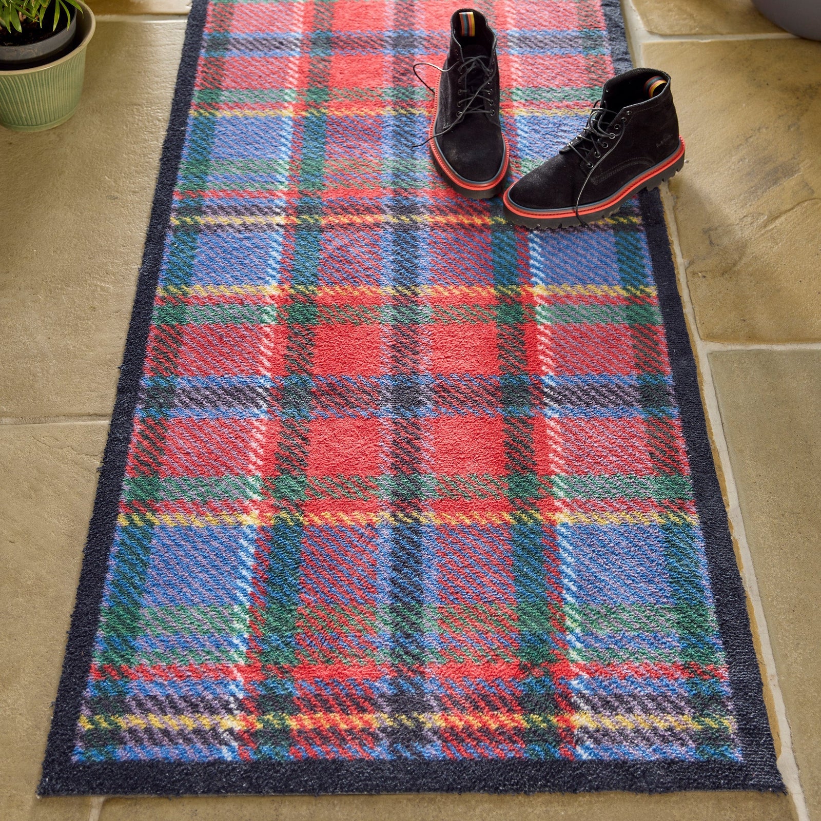 Tartan Red/Blue Washable Runner - a 100% recycled cotton runner featuring a traditional tartan design in red and blue. 