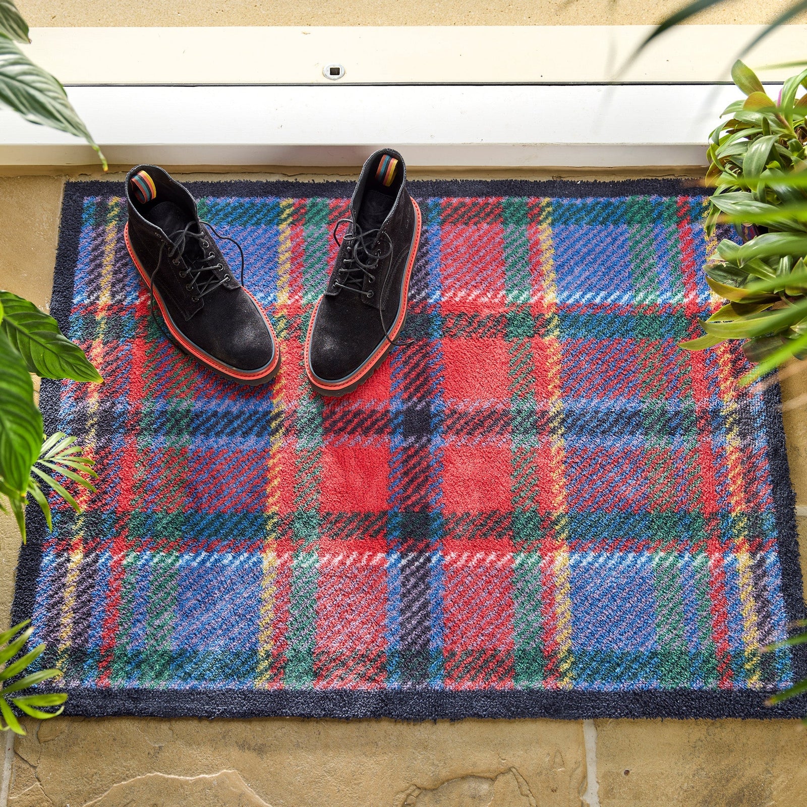 Tartan Red/Blue Washable Doormat made from 100% recycled cotton, featuring a tartan design in red and blue.