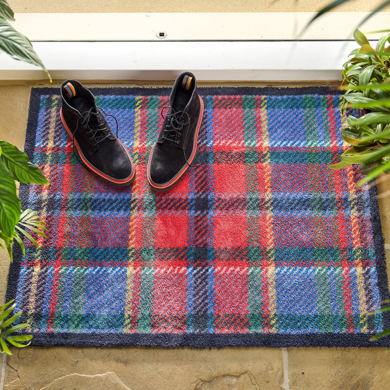 Tartan Red/Blue Washable Doormat made from 100% recycled cotton, featuring a tartan design in red and blue.