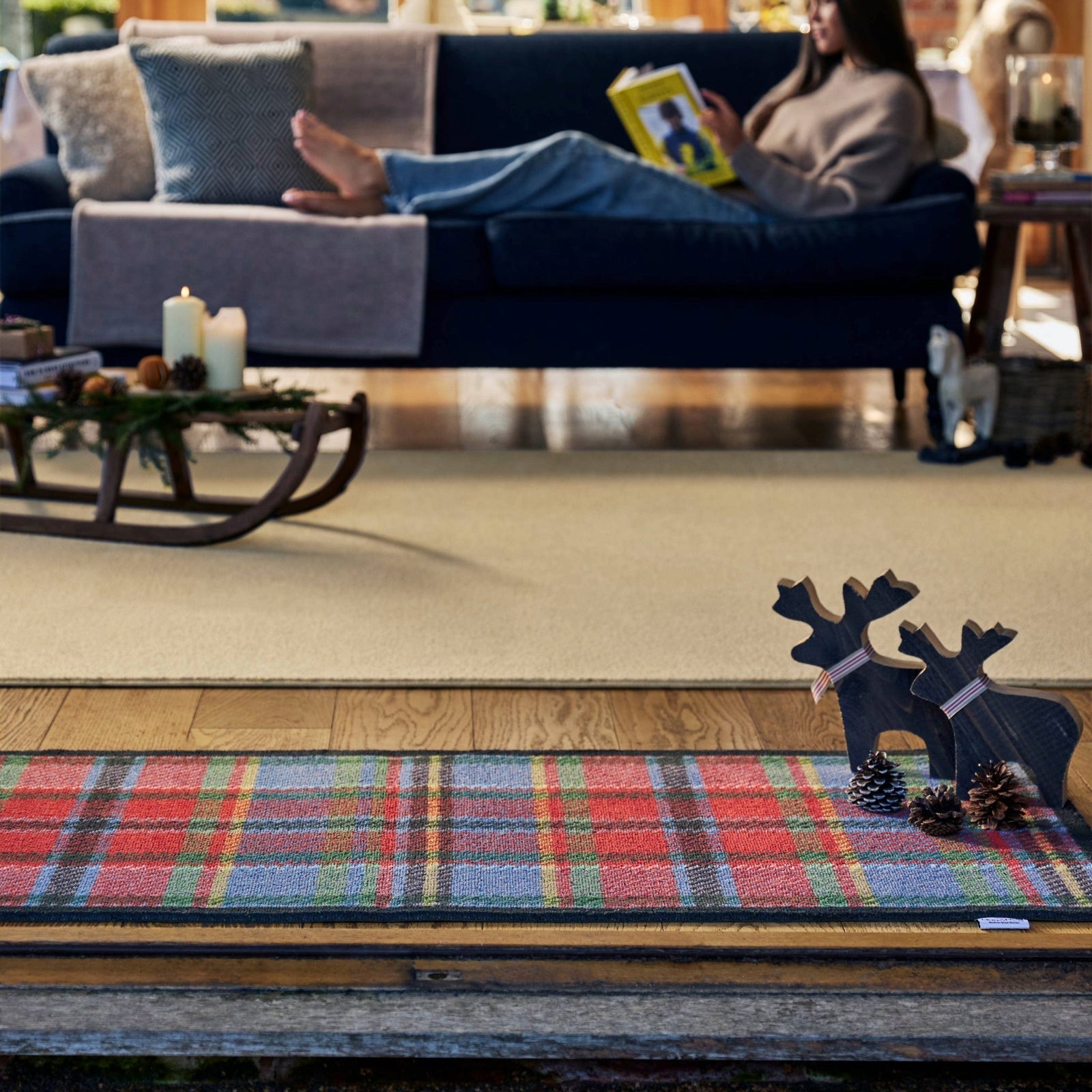 Tartan Red/Blue Washable Runner - a 100% recycled cotton runner featuring a traditional tartan design in red and blue. 