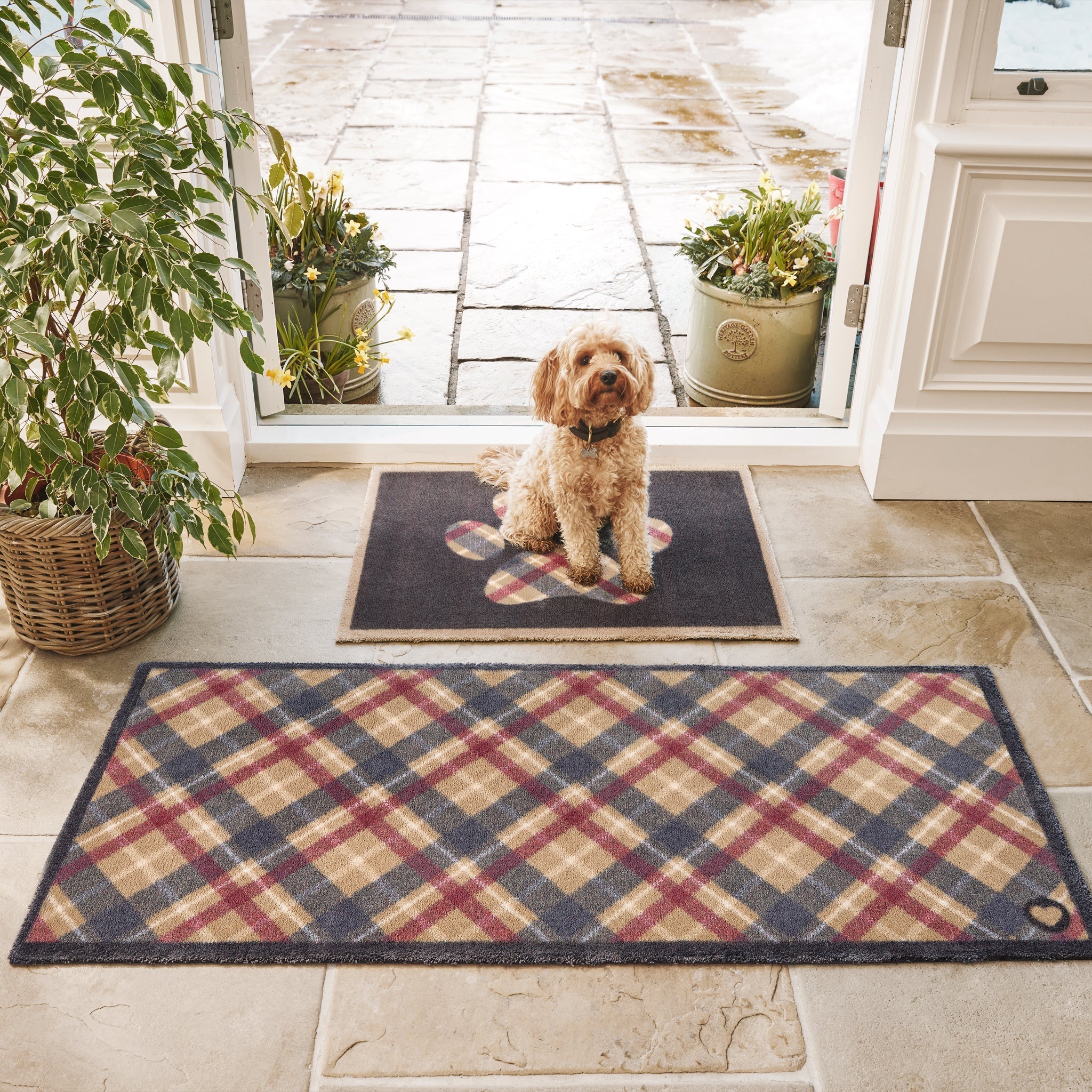 Tartan Paw Navy Washable Runner- 100% recycled cotton runner featuring a tartan design.