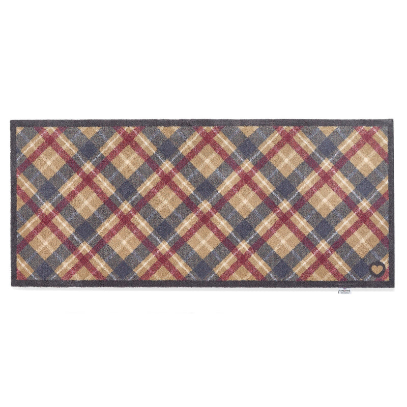 Tartan Paw Navy Washable Runner- 100% recycled cotton runner featuring a tartan design.