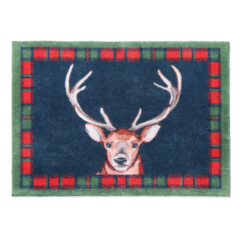 Tartan Stag Washable Doormat made from 100% recycled cotton, featuring a stag surround by a tartan border. 