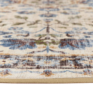 A close-up of a traditional patterned area rug showing its cream base, blue floral motifs, and brown and green accents, with a beige woven border.