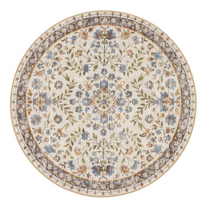A round area rug with an intricate traditional floral pattern in cream, blue, green, and brown tones, shown from a top-down view on a white background.