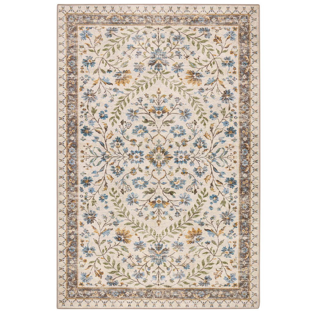 An area rug with a traditional floral pattern on an ivory background, featuring blue flowers, green leaves, and brown accents in the border.