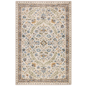 An area rug with a traditional floral pattern on an ivory background, featuring blue flowers, green leaves, and brown accents in the border.
